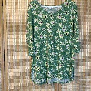 J JILL Womens XL Top Floral Green 3/4 Sleeves V Neck Boho Fairycore Bloomcore